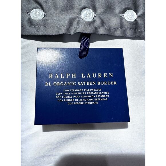 Ralph Lauren Organic Cotton Border Sateen standard Pillowcase Pair white Graphit - Picture 2 of 4
